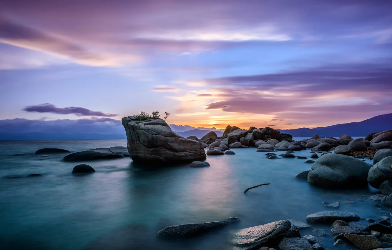 Photo wallpaper lake, stones, rocks, bonsai, the evening, USA, Tahoe