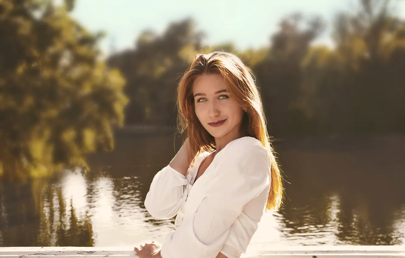 Photo wallpaper Blondie, river, eyes, lake, blond, beautiful girl, pose