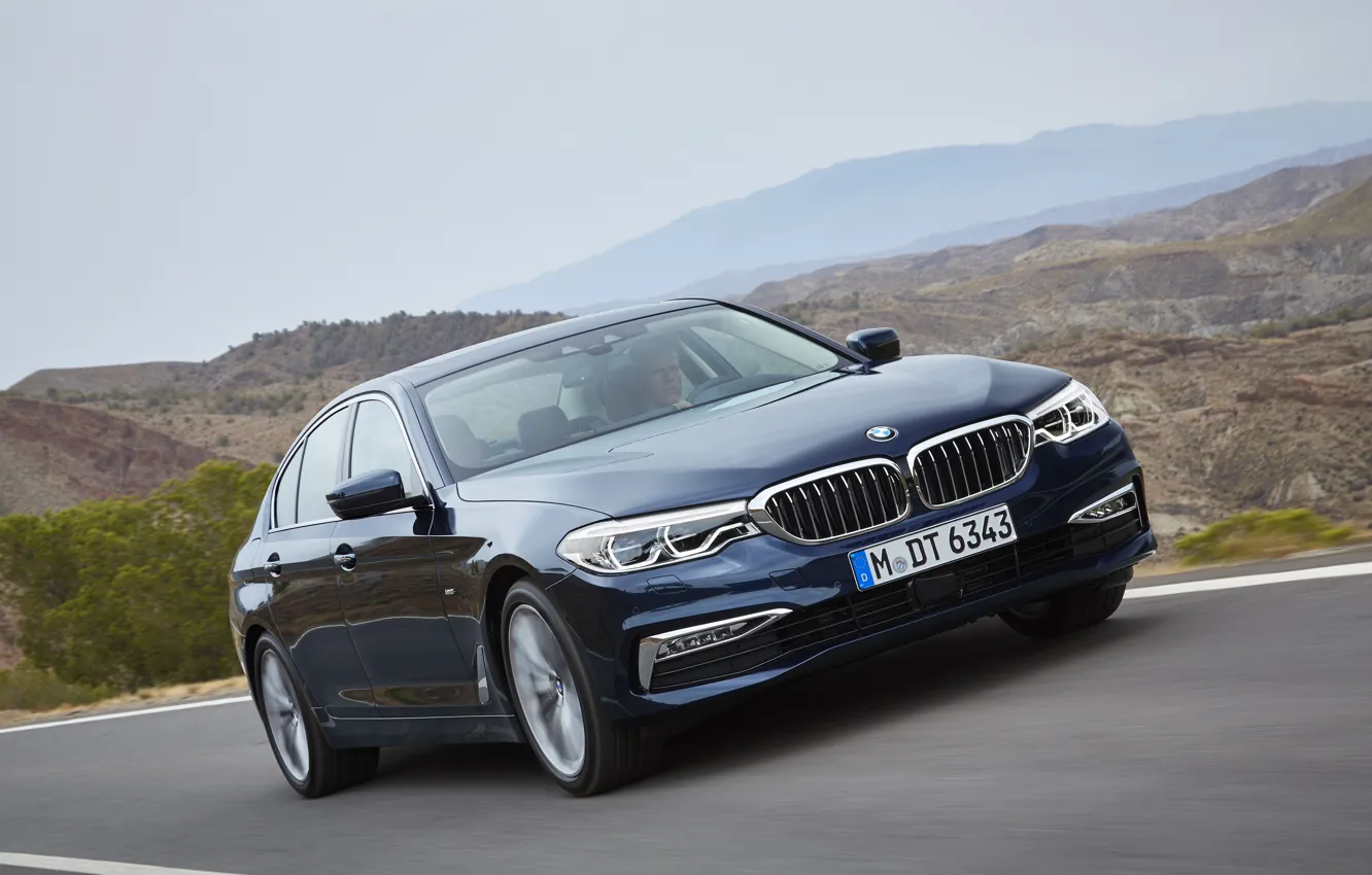 Photo wallpaper road, the sky, asphalt, mountains, movement, vegetation, BMW, sedan