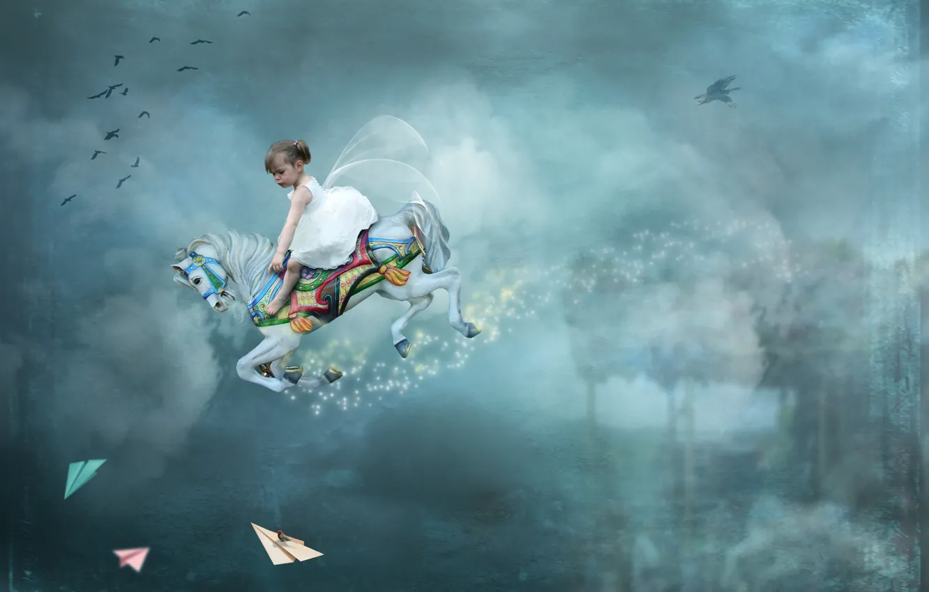 Photo wallpaper the sky, dream, clouds, trees, flight, fog, bird, sleep