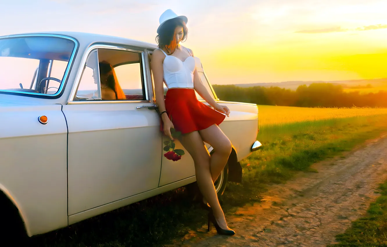 Photo wallpaper auto, red skirt, girl, sunset
