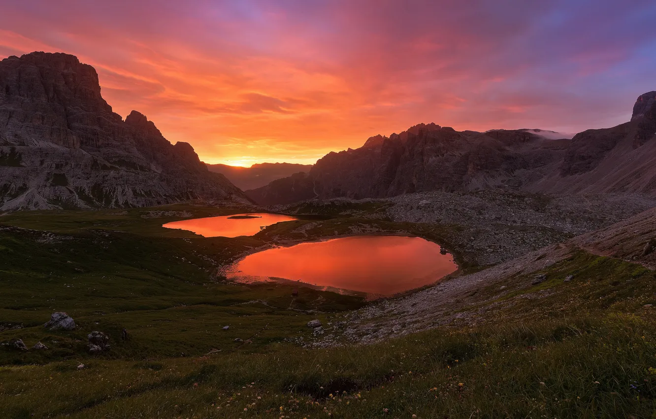 Photo wallpaper sunset, mountains, lake, rocks, tops, the evening, Italy, pond