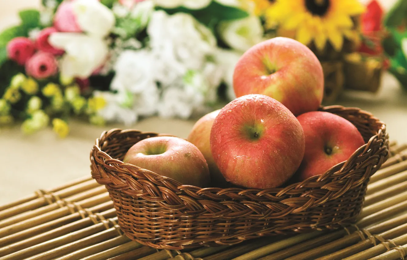 Photo wallpaper drops, flowers, apples, fruit, still life, network, fresh