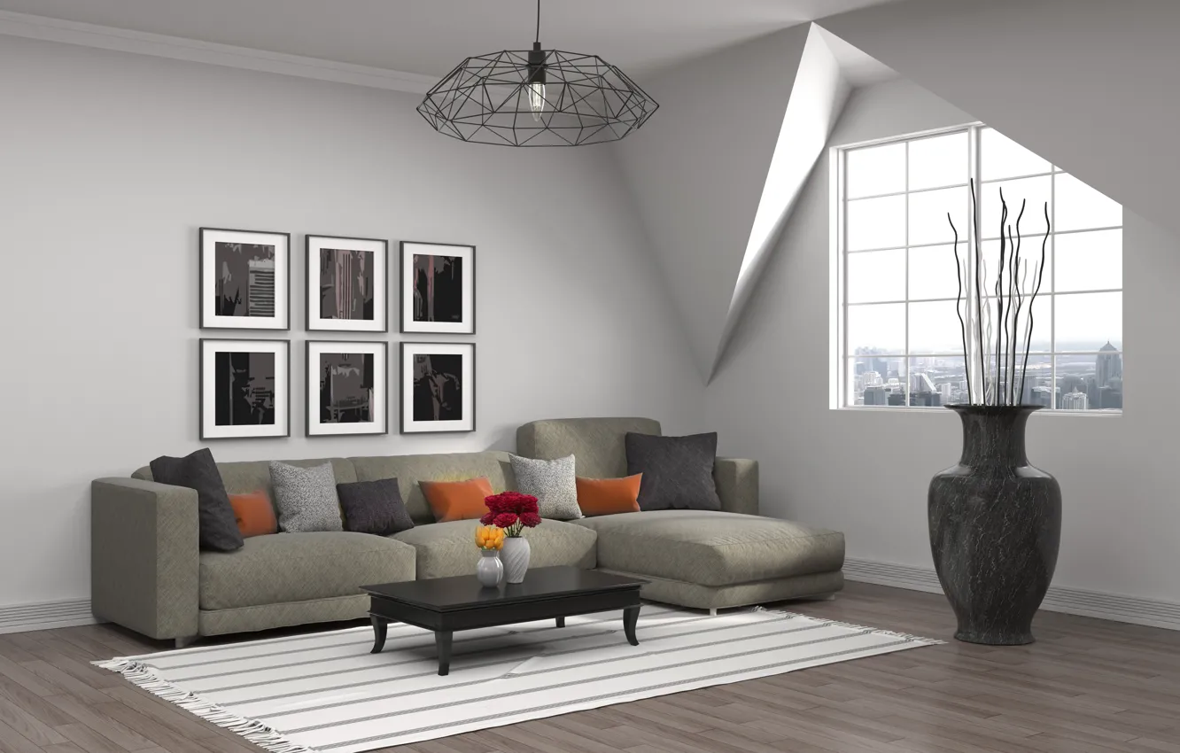 Photo wallpaper sofa, picture, vase, living room, modern