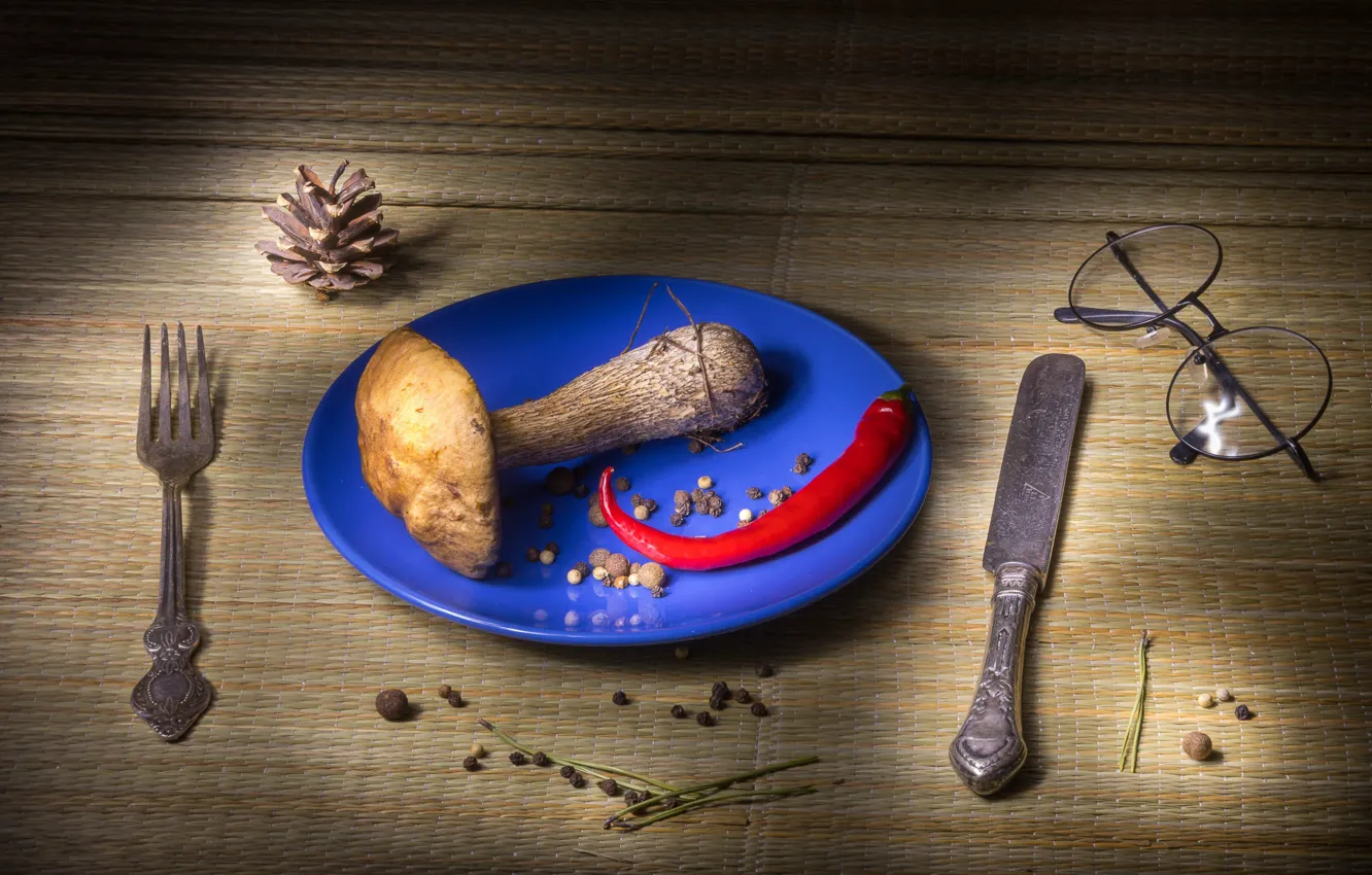 Photo wallpaper mushrooms, glasses, plate, knife, pepper, plug, still life, bumps