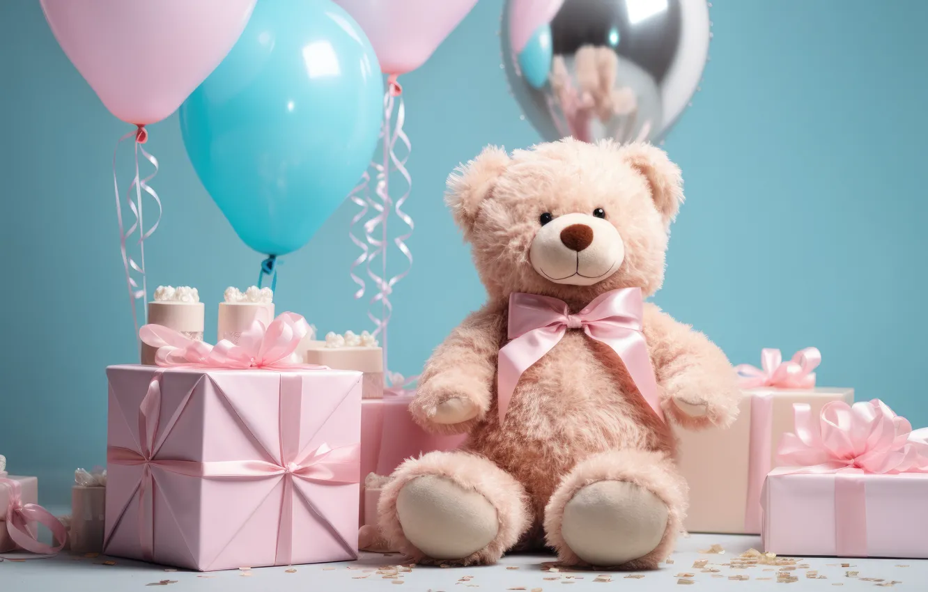 Photo wallpaper balls, balloons, birthday, holiday, box, gift, blue, balls