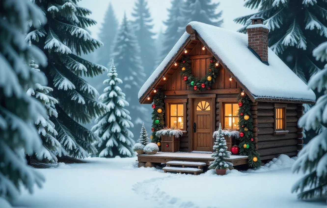 Photo wallpaper winter, frost, forest, snow, new year, hut, ate, Christmas