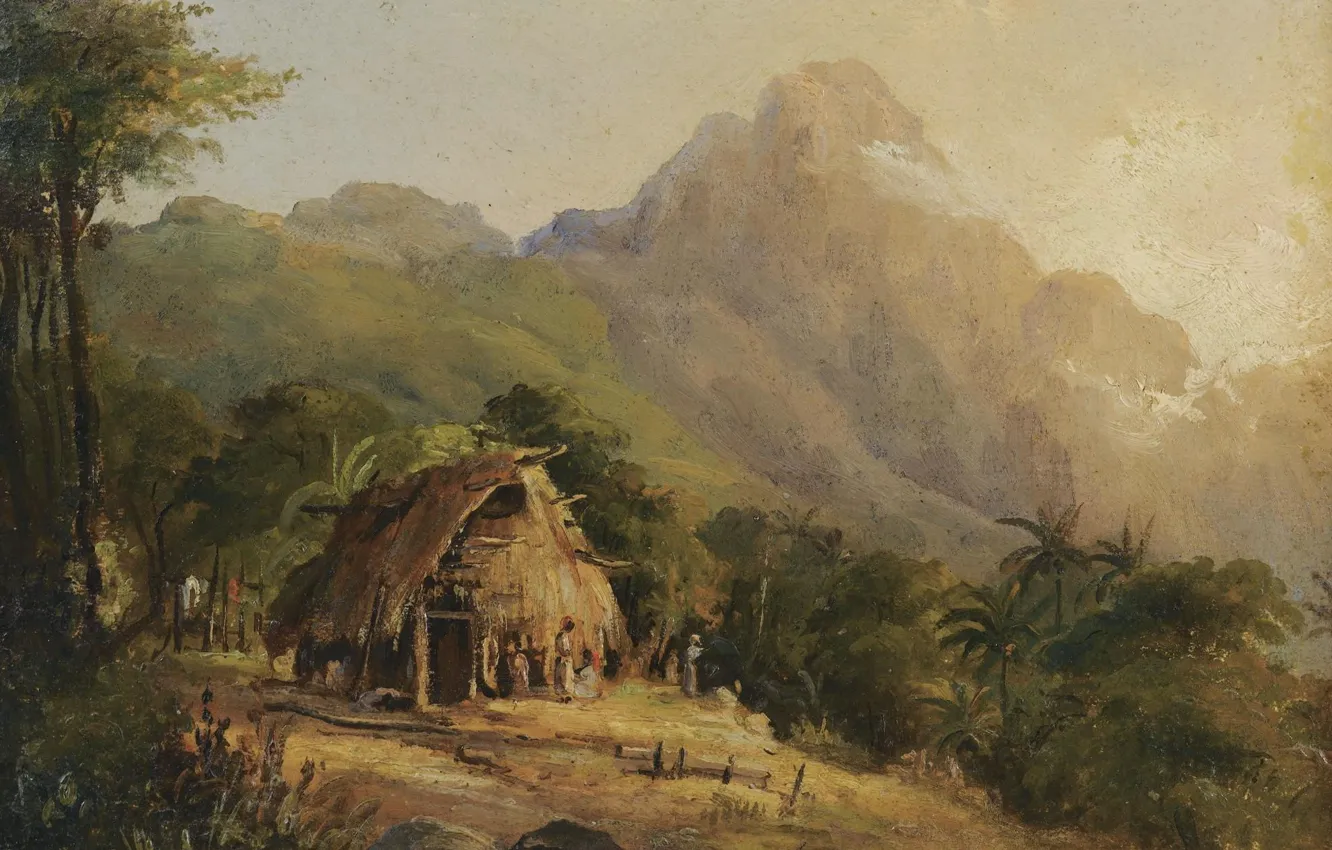Photo wallpaper mountains, picture, hut, aasai, Camille Pissarro, Camille Pissarro, Landscape in Montagne with the Cabin. Galipan