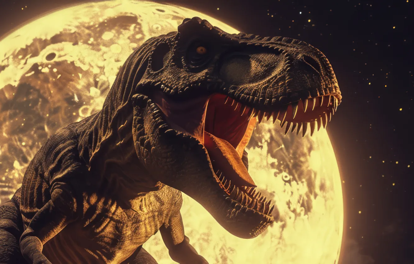Photo wallpaper face, night, animal, the moon, dinosaur, predator, teeth, grin