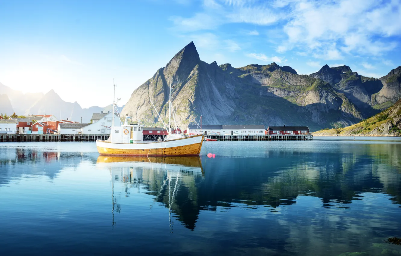 Photo wallpaper Home, Sea, Mountains, The city, Norway, Boats, Lofoten Islands