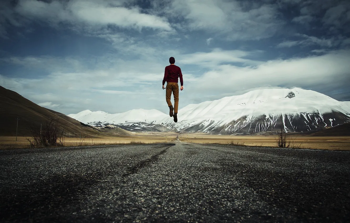 Photo wallpaper road, the sky, mountains, guy