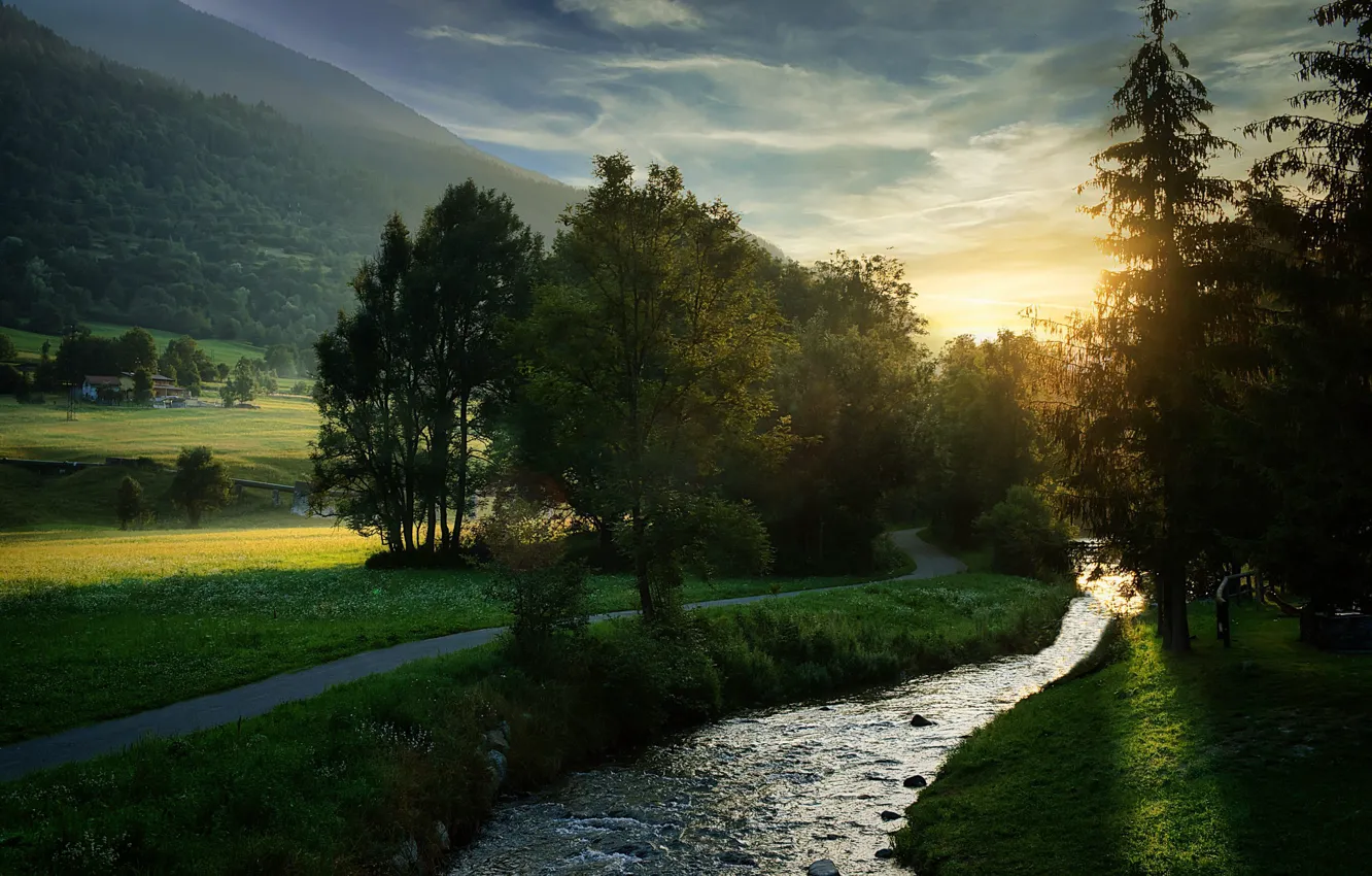 Photo wallpaper the sun, trees, mountains, nature, stream, hills, track, river