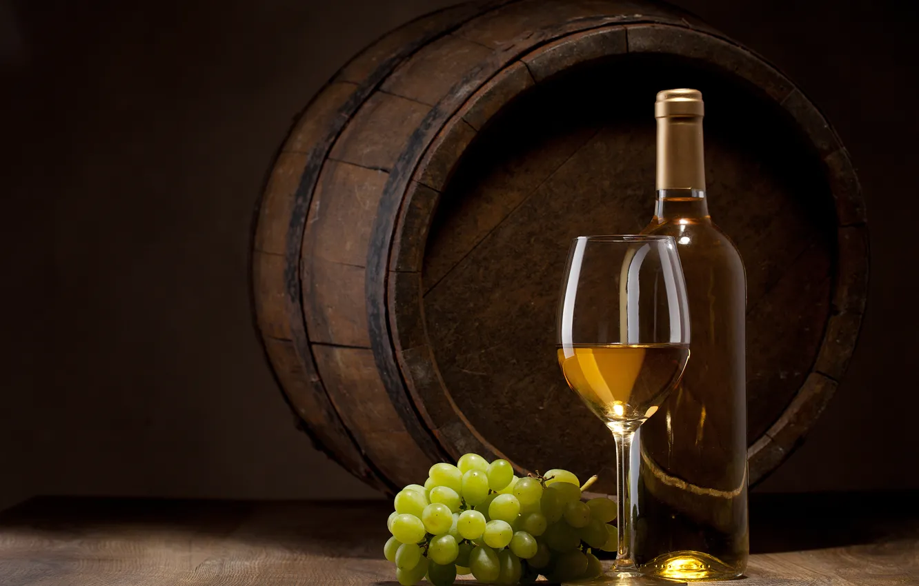 Photo wallpaper white, wine, glass, bottle, barrel, vine