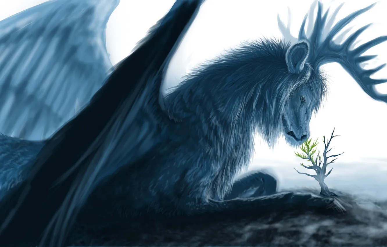 Photo wallpaper leaves, surface, Rostock, wings, being, art, horns, fur