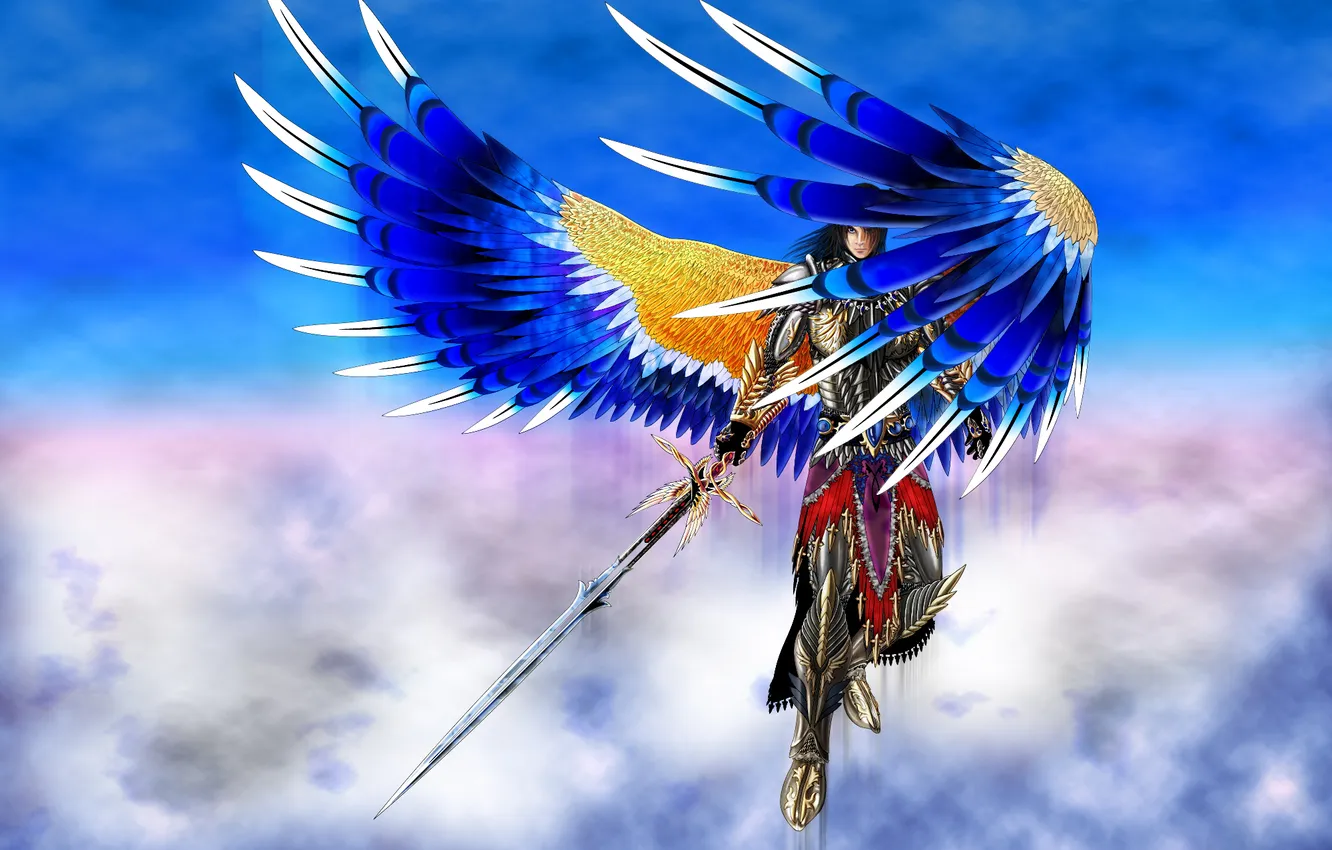 Photo wallpaper the sky, look, clouds, weapons, fiction, wings, angel, sword
