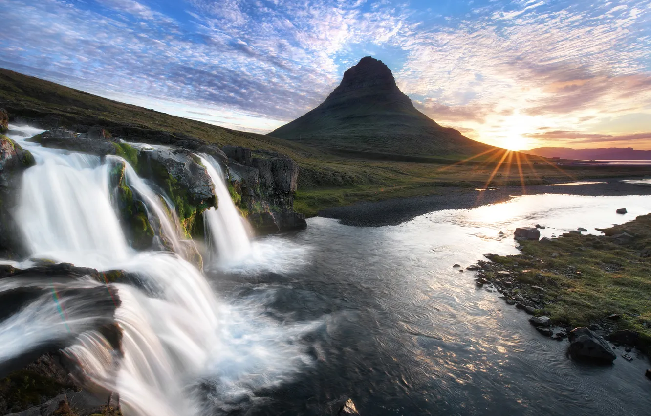 Photo wallpaper sunset, mountains, river, stones, waterfall