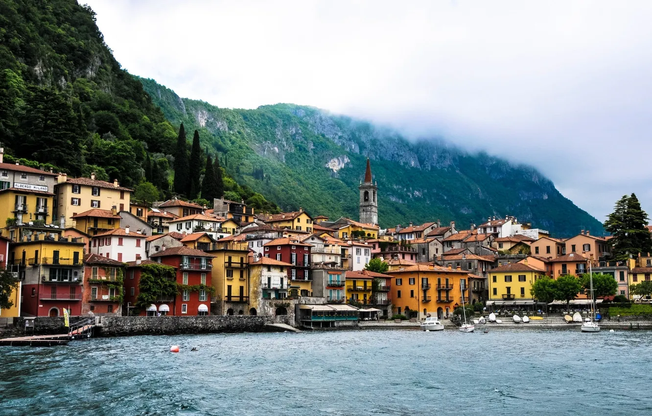 Photo wallpaper mountains, home, Italy, spire, lake Como, Varenna