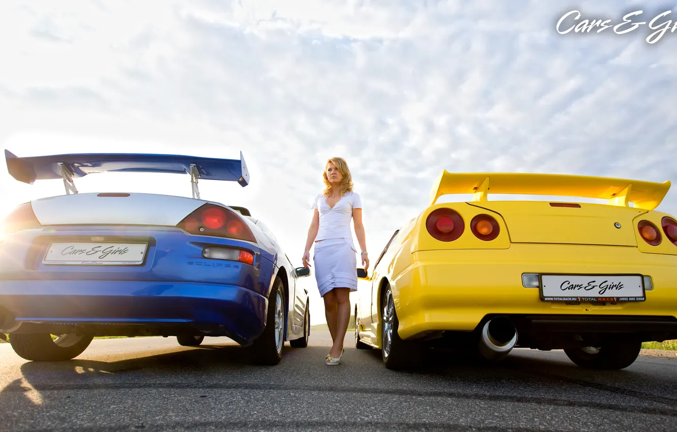 Photo wallpaper girl, blonde, Mitsubishi, Nissan, skyline, eclipse