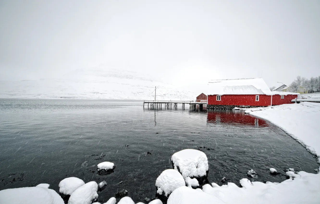 Photo wallpaper winter, snow, lake, house