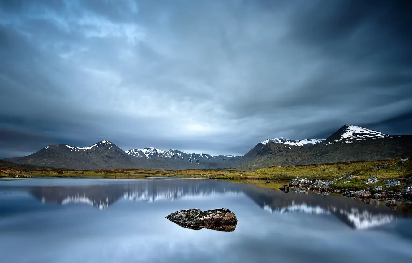 Photo wallpaper mountains, lake, reflection, stone, mirror, gray clouds