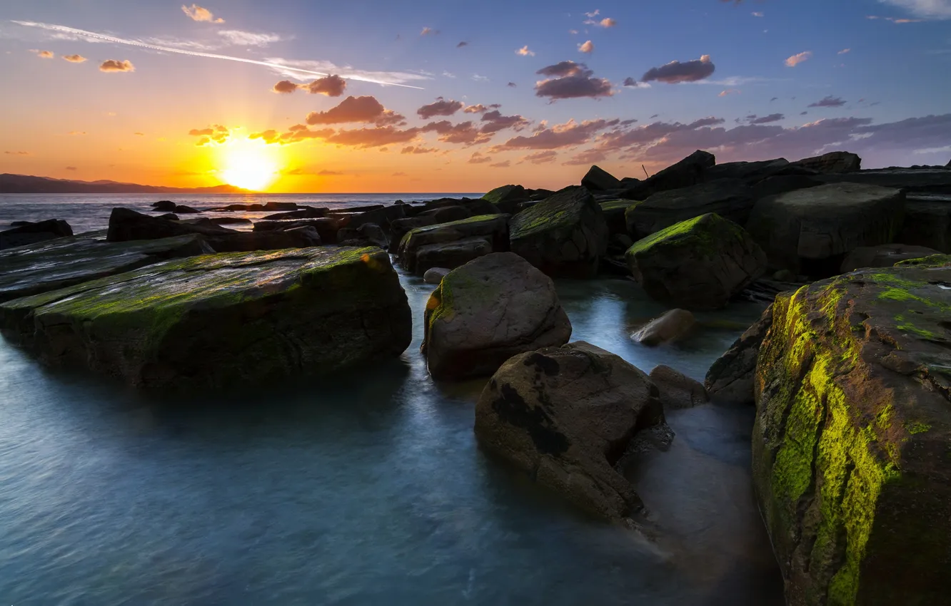 Photo wallpaper sea, sunset, stones