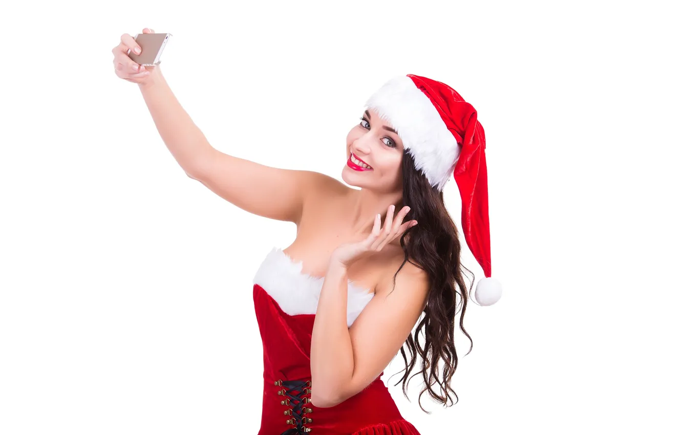 Photo wallpaper girl, smile, brunette, white background, cap, selfie, girl Santa