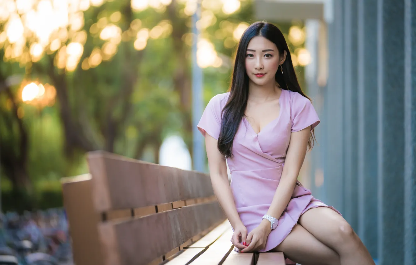 Photo wallpaper look, girl, hair, dress, legs, Asian, cutie, bench