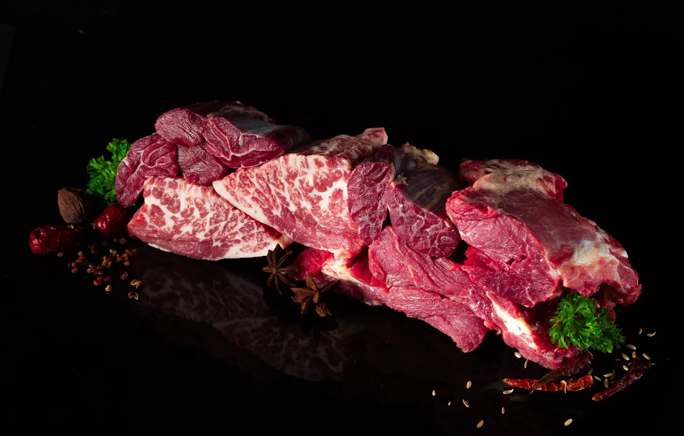Photo wallpaper meat, black background, spices, raw meat