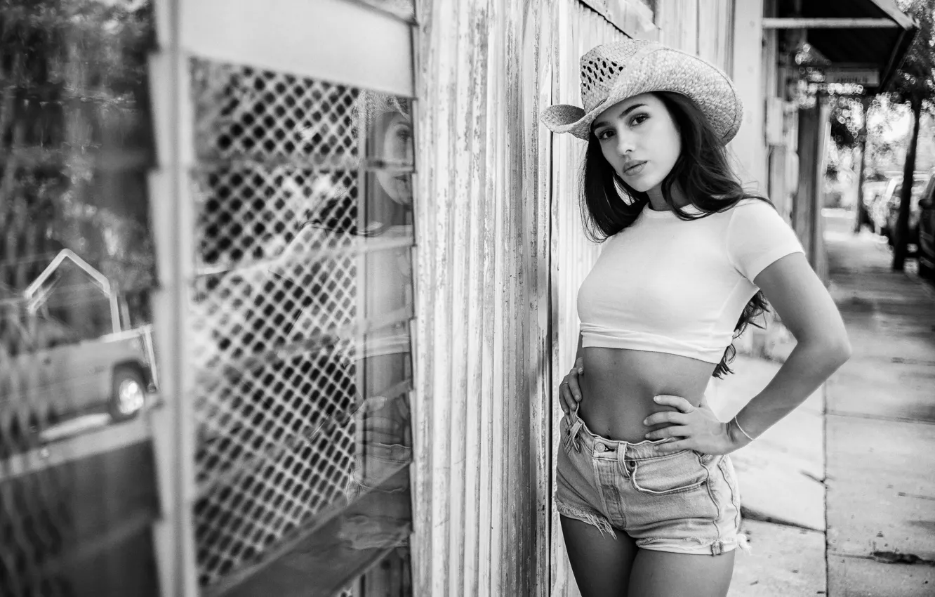 Photo wallpaper look, sexy, pose, model, shorts, portrait, hat, makeup