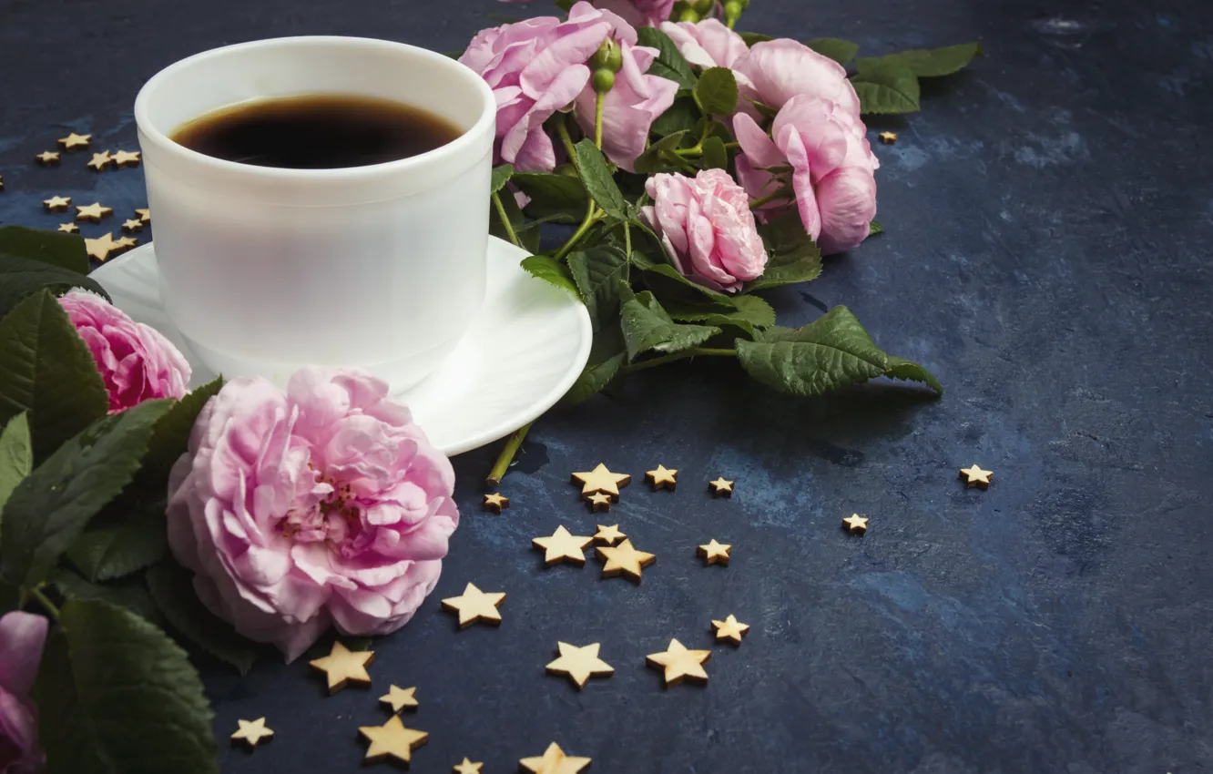 Photo wallpaper coffee, roses, dark, Cup, pink, stars, cup, coffee