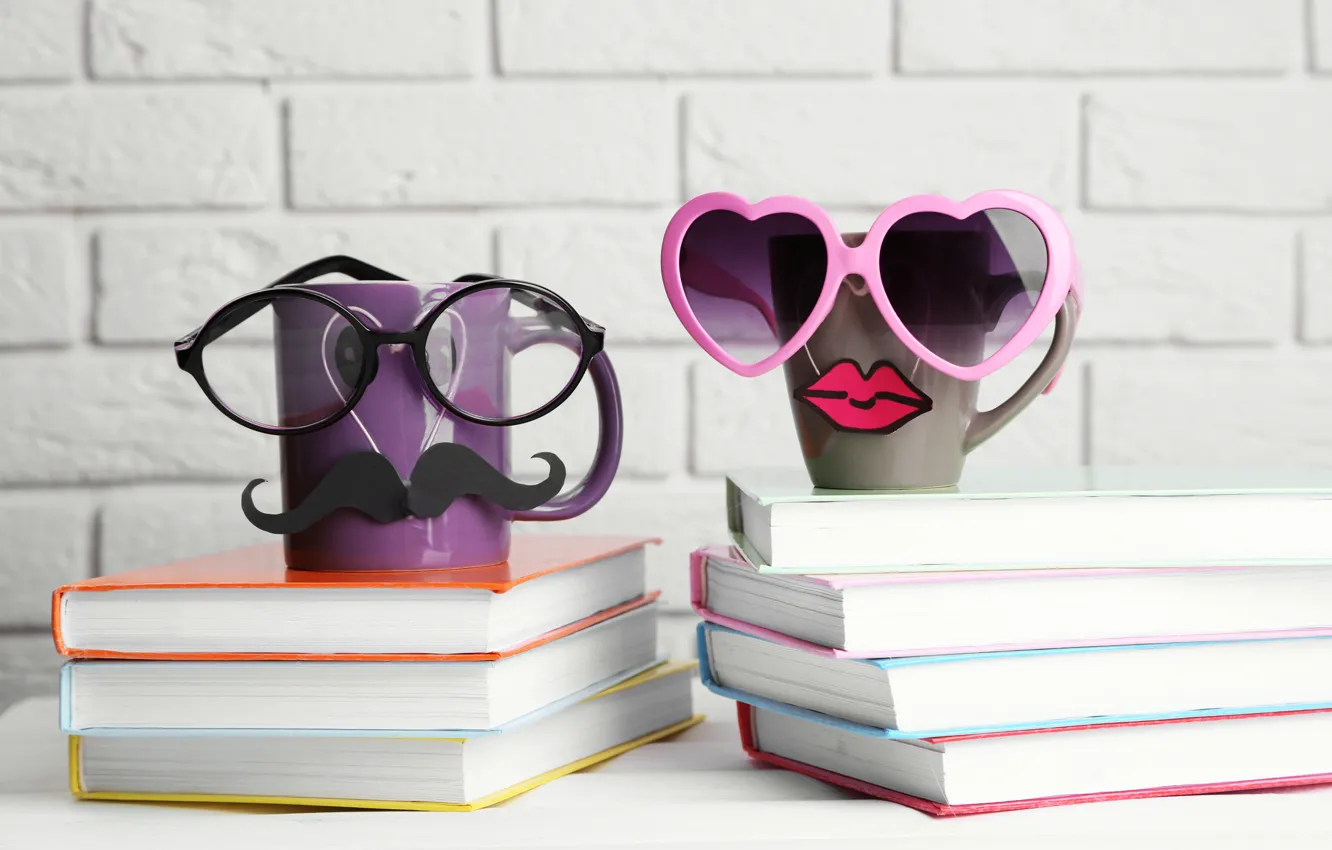 Photo wallpaper books, coffee, glasses, mug, cup, lips, funny, glasses