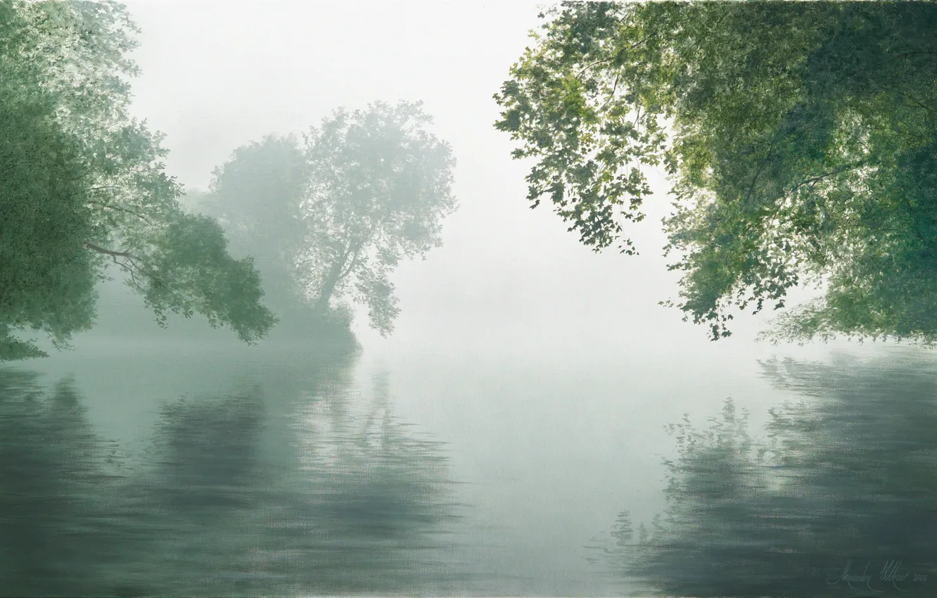 Photo wallpaper trees, nature, fog, river