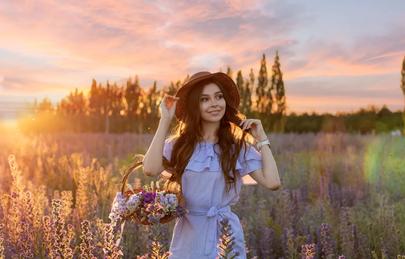 Photo wallpaper look, girl, flowers, nature, smile, basket, hat, dress