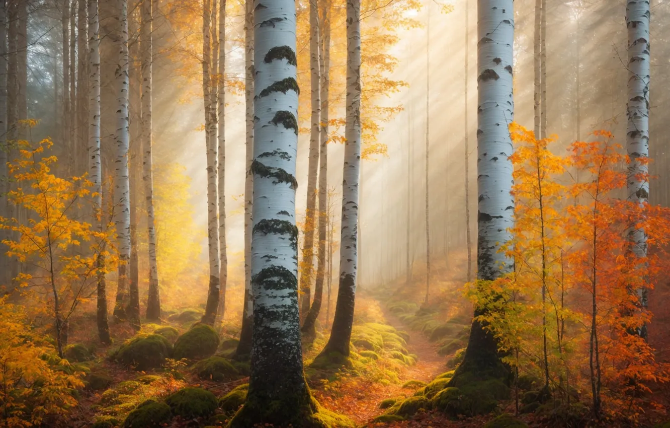 Photo wallpaper autumn, forest, the sun, rays, light, trees, branches, nature