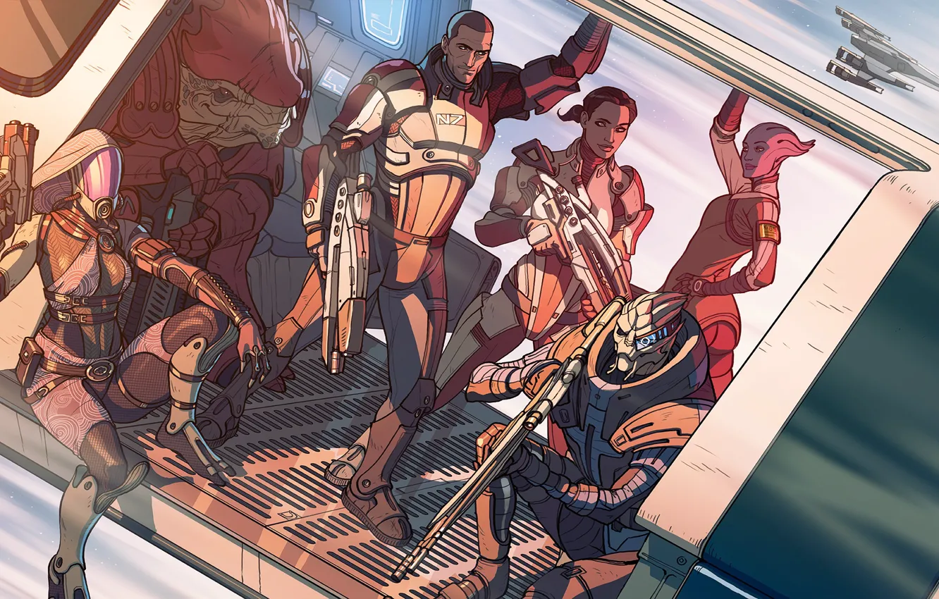 Photo wallpaper Mass Effect, drawing, Garrus Vakarian, Ashley Williams, Commander Shepard, Liara T Soni, Tali'Zorah, Urdnot Wrex