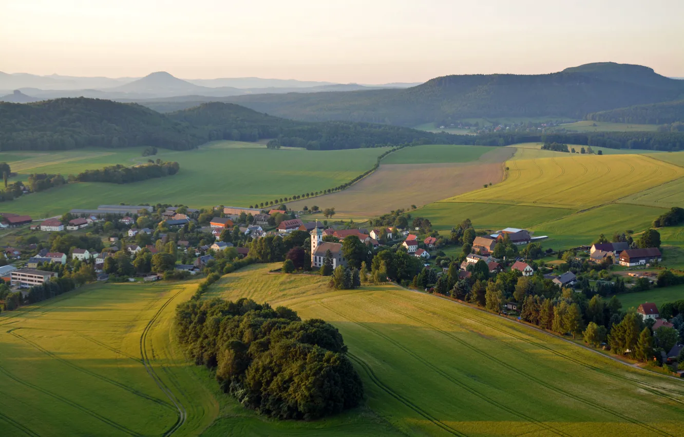 Photo wallpaper field, the sky, trees, hills, home, town