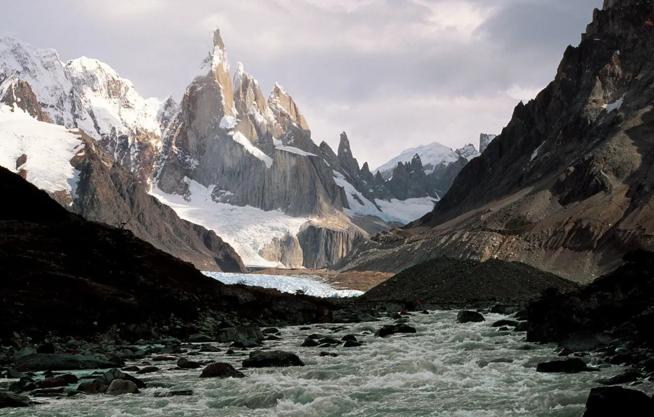 Photo wallpaper the sky, clouds, snow, mountains, clouds, nature, river, stones