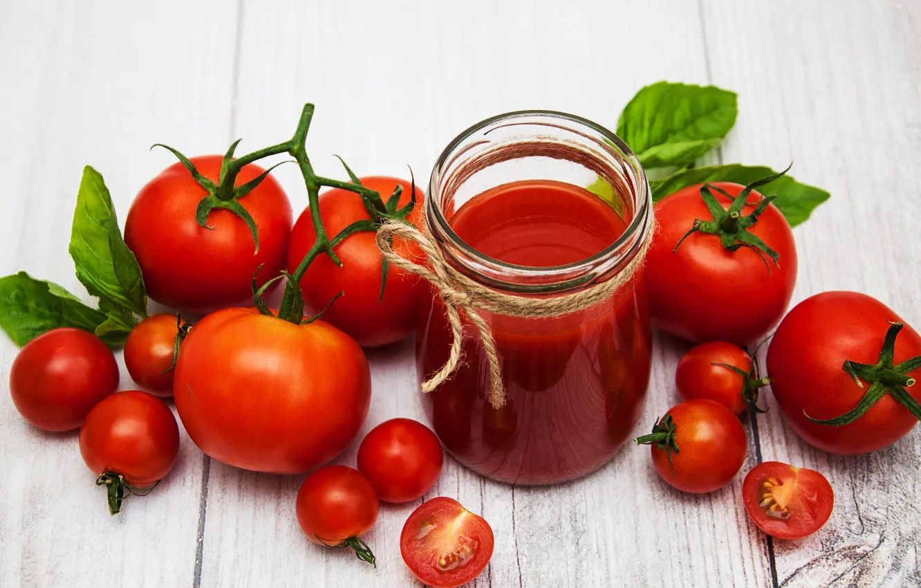 Photo wallpaper leaves, Bank, tomatoes, tomatoes, tomato juice, cherry, tomatoes