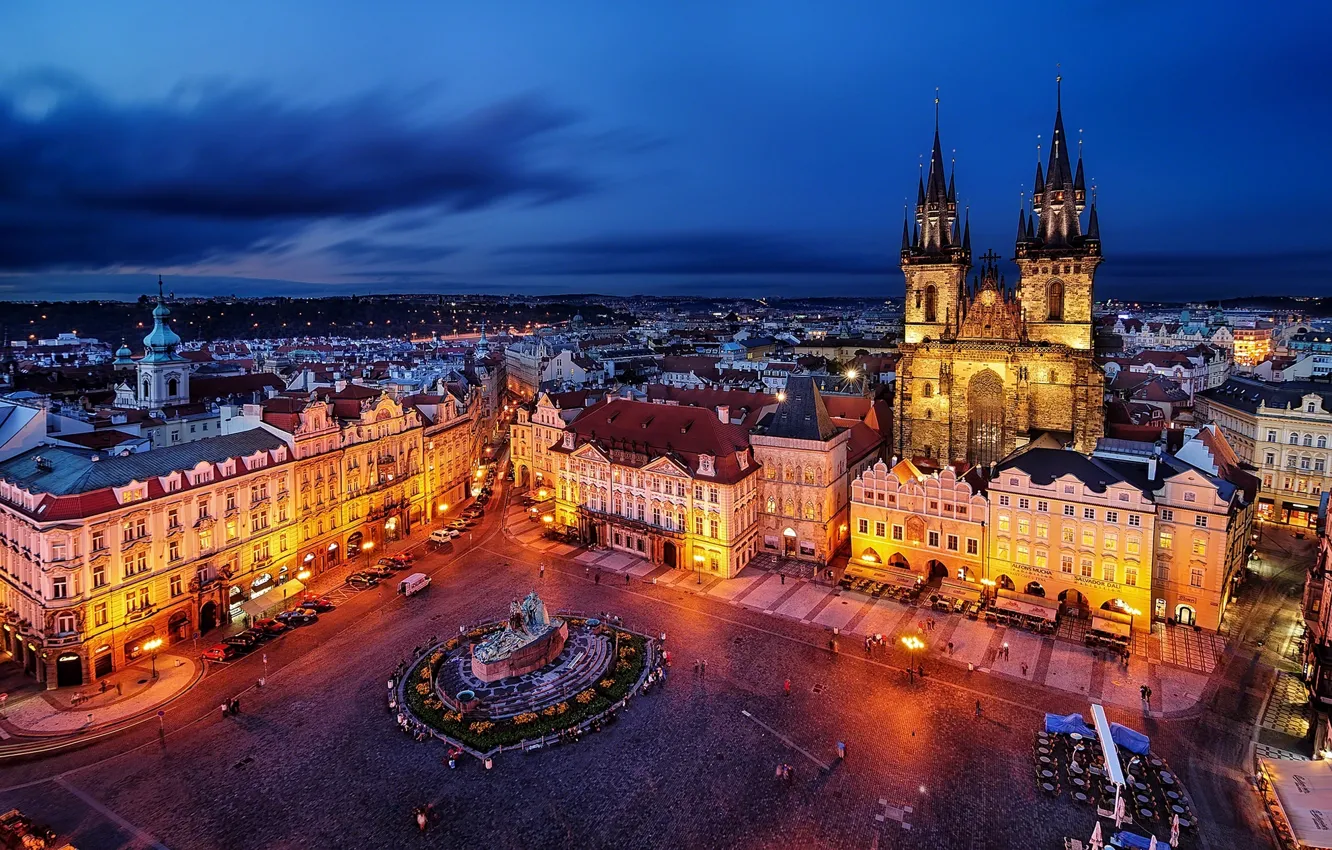 Photo wallpaper the city, building, the evening, Prague, Czech Republic, lighting, area, architecture