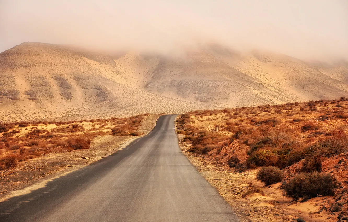 Photo wallpaper road, desert, clouds, mountain, dry, power line