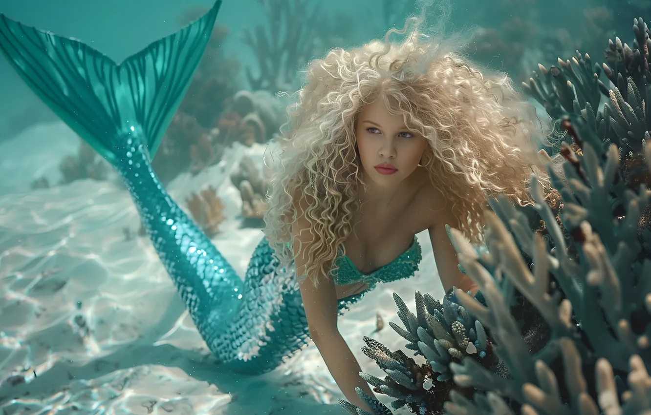 Photo wallpaper sand, girl, hair, mermaid, corals, blonde, tail, underwater world