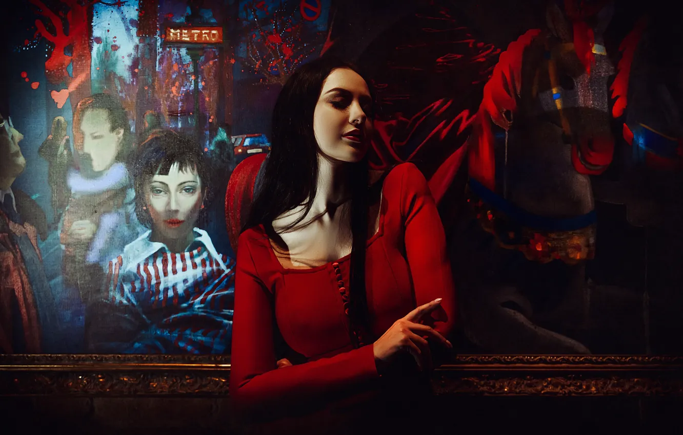 Photo wallpaper pose, model, portrait, picture, makeup, dress, brunette, hairstyle