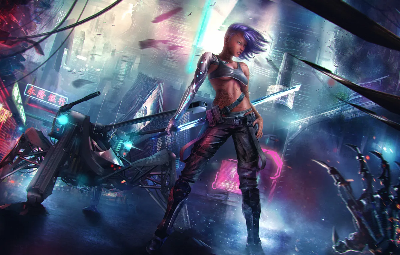 Photo wallpaper girl, street, sci-fi, mech