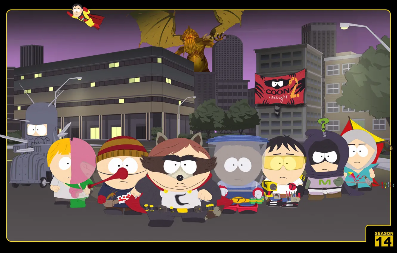 Photo wallpaper raccoon, team, South Park, coon, Captain obvious, cap, super hero