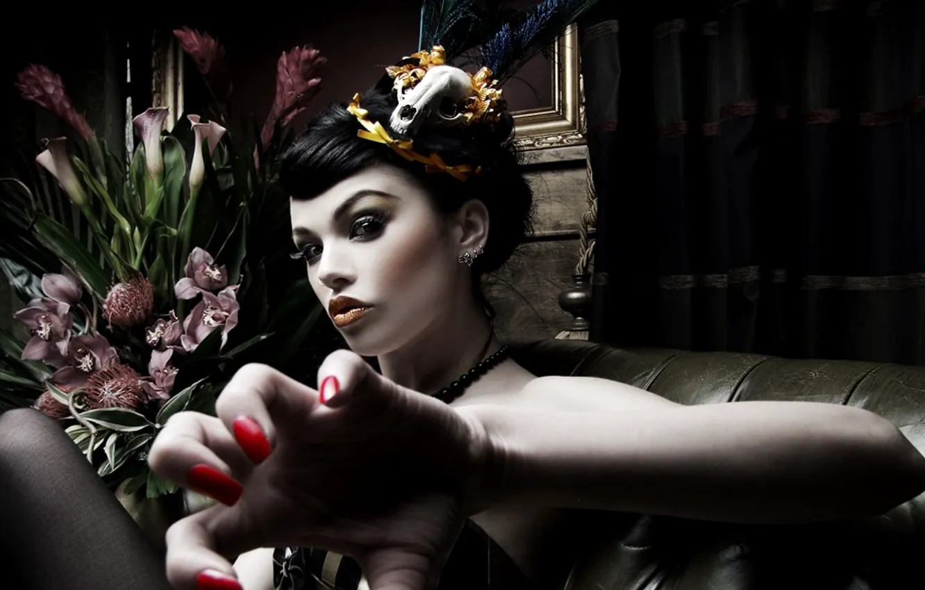 Photo wallpaper sake, flowers, model, tattoo, brunette, piercing, nails, Suicide Girls