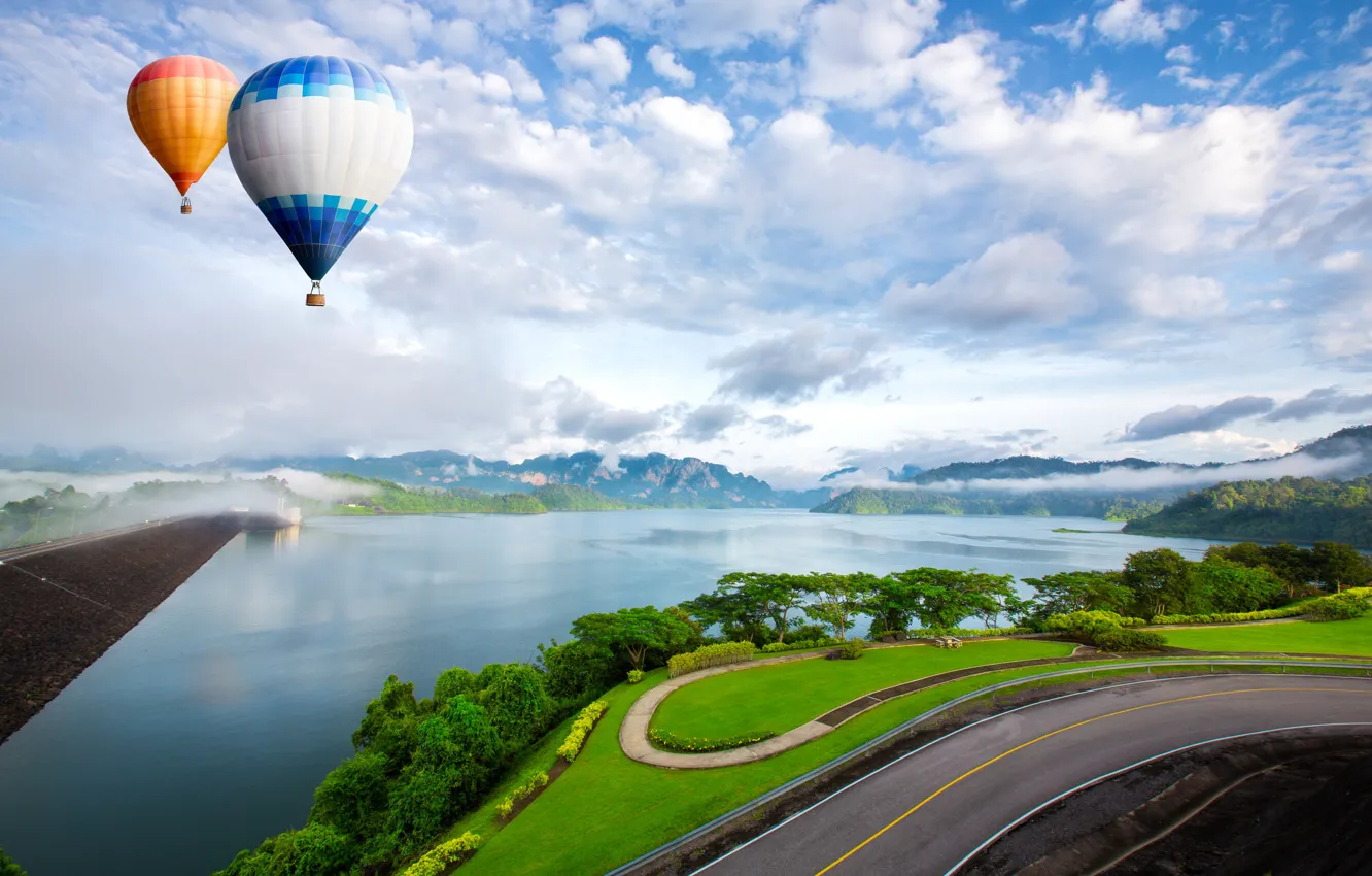 Photo wallpaper the sky, clouds, landscape, balloons