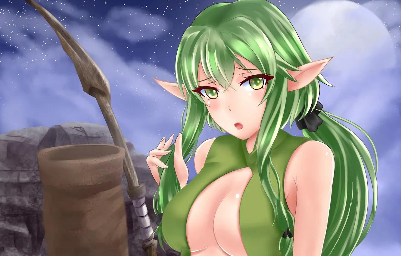 Photo wallpaper girl, sexy, cleavage, blouse, green eyes, long hair, boobs, anime