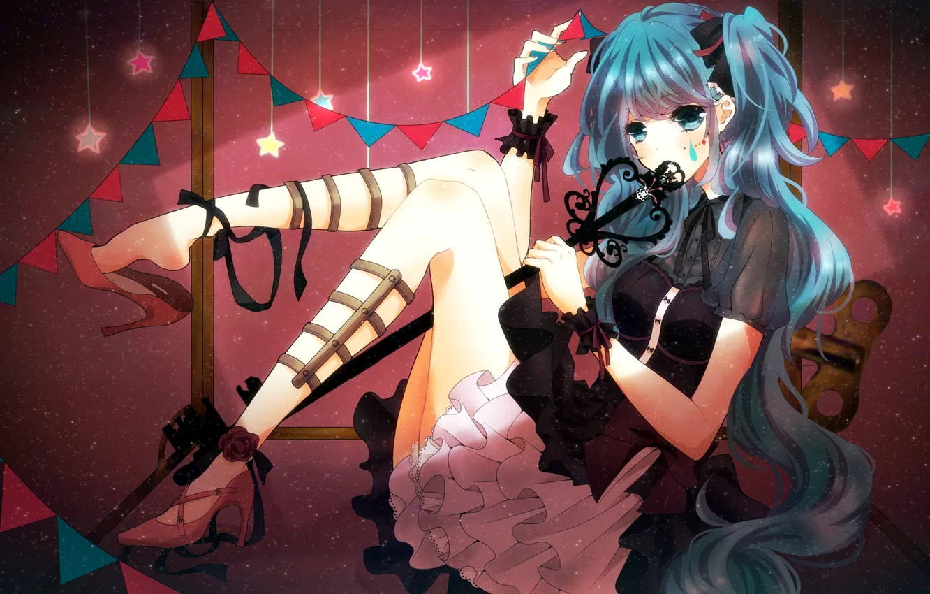 Photo wallpaper girl, stars, key, art, tape, vocaloid, hatsune miku, flags