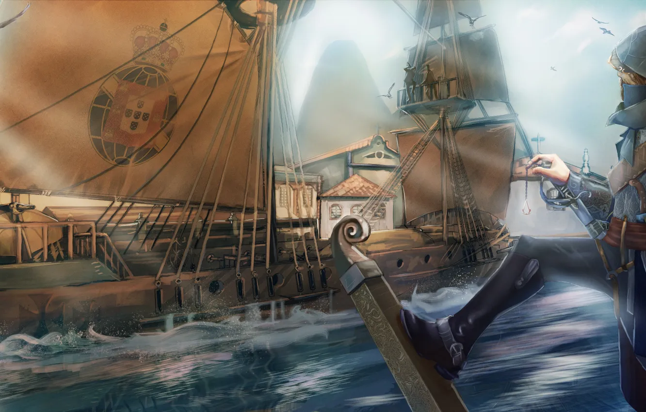 Photo wallpaper sea, ship, art, assassin, Assasins Creed