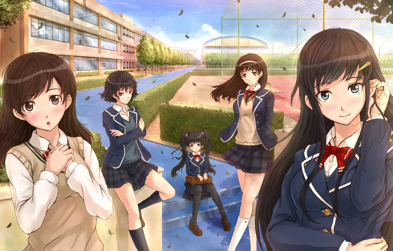 Photo wallpaper leaves, the wind, girls, form, school